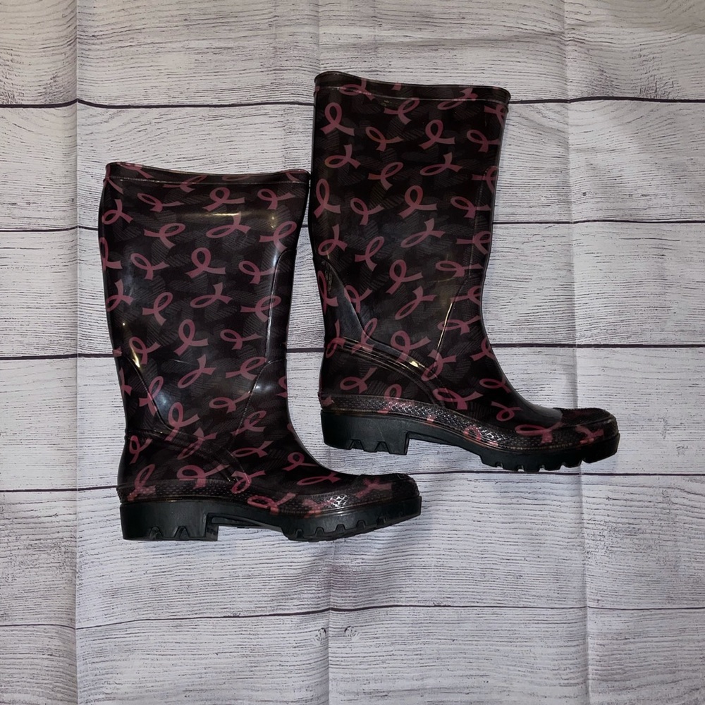 Women's Breast Cancer Rubber Black and Pink Rain Boots